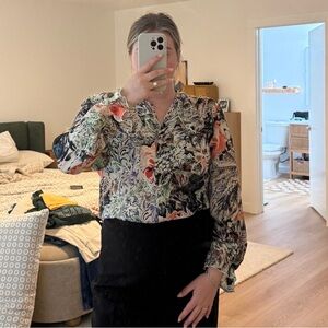 Vintage floral V-Neck Long-Sleeve Blouse